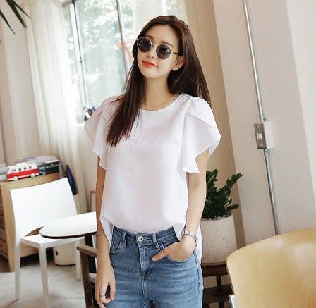 レディース　チューリップブラウス　ラウンドネック　半袖　無地　大人カジュアル　フェミニン　可愛い　オフィス　仕事　人気　お出かけ　リゾート　デート　ネイビー　ブルーグレー　ホワイト　ピンク　送料無料