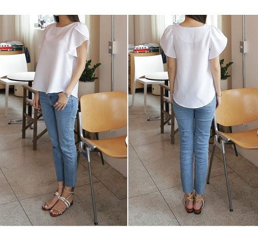 レディース　チューリップブラウス　ラウンドネック　半袖　無地　大人カジュアル　フェミニン　可愛い　オフィス　仕事　人気　お出かけ　リゾート　デート　ネイビー　ブルーグレー　ホワイト　ピンク　送料無料