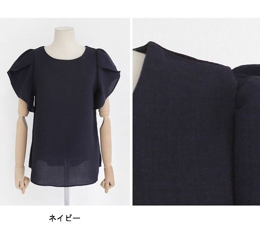 レディース　チューリップブラウス　ラウンドネック　半袖　無地　大人カジュアル　フェミニン　可愛い　オフィス　仕事　人気　お出かけ　リゾート　デート　ネイビー　ブルーグレー　ホワイト　ピンク　送料無料