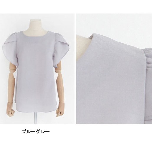 レディース　チューリップブラウス　ラウンドネック　半袖　無地　大人カジュアル　フェミニン　可愛い　オフィス　仕事　人気　お出かけ　リゾート　デート　ネイビー　ブルーグレー　ホワイト　ピンク　送料無料