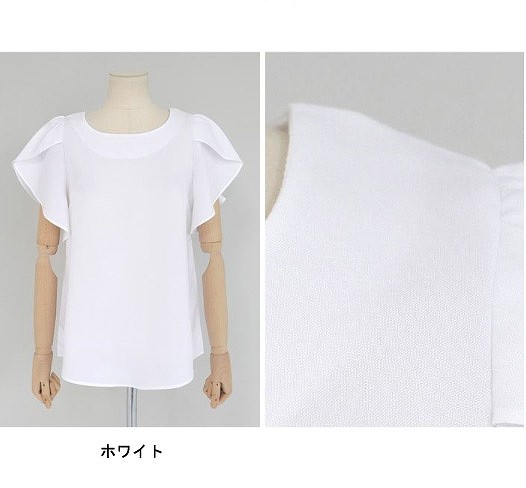 レディース　チューリップブラウス　ラウンドネック　半袖　無地　大人カジュアル　フェミニン　可愛い　オフィス　仕事　人気　お出かけ　リゾート　デート　ネイビー　ブルーグレー　ホワイト　ピンク　送料無料