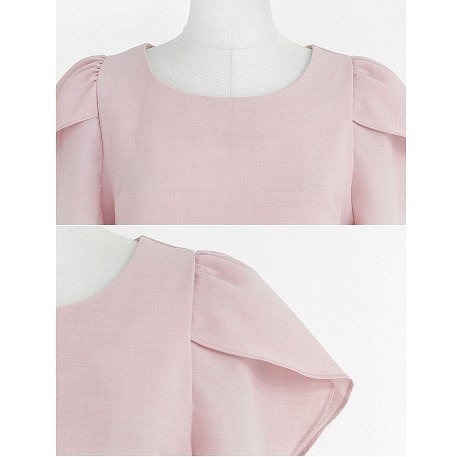 レディース　チューリップブラウス　ラウンドネック　半袖　無地　大人カジュアル　フェミニン　可愛い　オフィス　仕事　人気　お出かけ　リゾート　デート　ネイビー　ブルーグレー　ホワイト　ピンク　送料無料