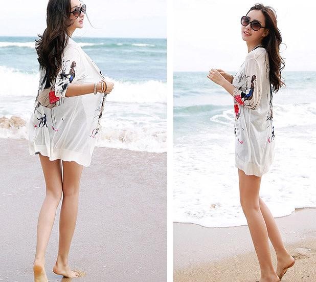 レディース　カーディガン　ショール　七分袖　ロング丈　イラスト　大人カジュアル　フェミニン　可愛い　オフィス　仕事　人気　お出かけ　リゾート　デート　送料無料