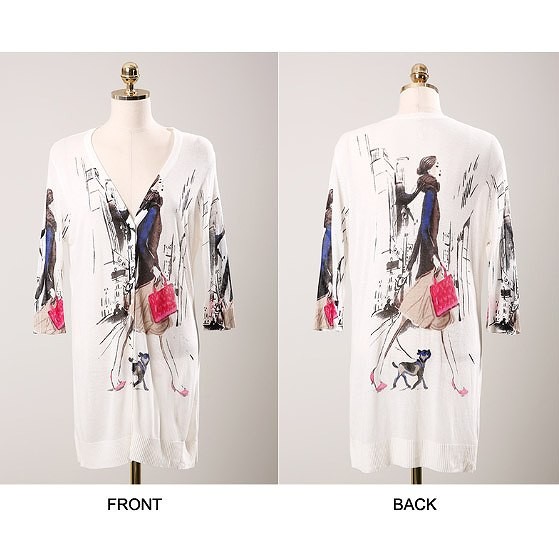 レディース　カーディガン　ショール　七分袖　ロング丈　イラスト　大人カジュアル　フェミニン　可愛い　オフィス　仕事　人気　お出かけ　リゾート　デート　送料無料