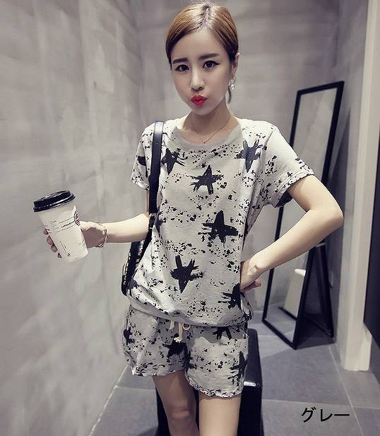 レディース サロペット　ロンパース　ショートパンツ　Ｔシャツ　カジュアル　星柄　春　夏　丸首　グレー　レッド　送料無料