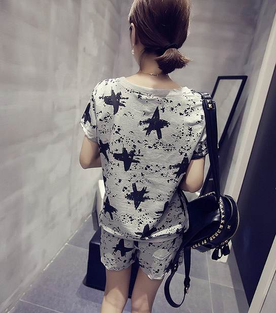 レディース サロペット　ロンパース　ショートパンツ　Ｔシャツ　カジュアル　星柄　春　夏　丸首　グレー　レッド　送料無料