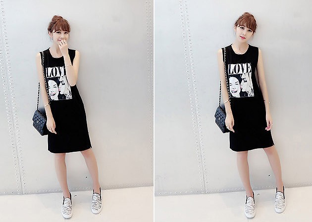 レディース ワンピース　Ｔシャツワンピ　プリントＴシャツ　カジュアル　ノースリーブ　ブラック　ホワイト　フリーサイズ　送料無料