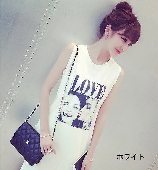 レディース ワンピース　Ｔシャツワンピ　プリントＴシャツ　カジュアル　ノースリーブ　ブラック　ホワイト　フリーサイズ　送料無料