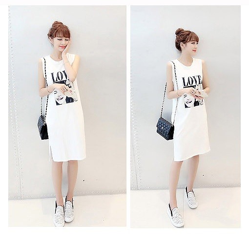 レディース ワンピース　Ｔシャツワンピ　プリントＴシャツ　カジュアル　ノースリーブ　ブラック　ホワイト　フリーサイズ　送料無料