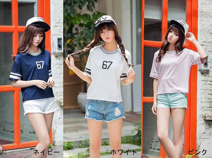 レディース トップス　Ｔシャツ　半袖　カジュアル　夏　スポーティー　丸首　ゆったり　ホワイト　ネイビー　送料無料