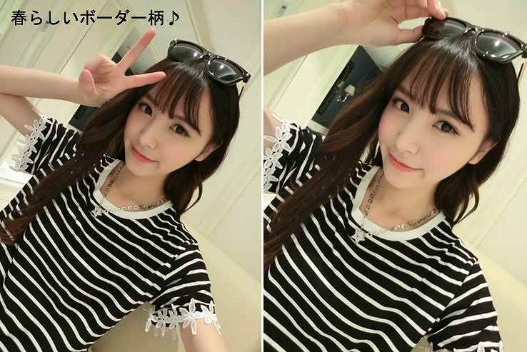レディース トップス　Ｔシャツ　カットソー　ボーダー　定番　カジュアル　フェミニン　春　夏　花　半袖　送料無料