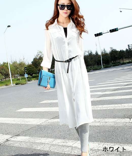 レディース トップス　シャツ　羽織　ロング　トレンド　大人カジュアル　シンプル　七分丈　ワンピース風　ホワイト　ブラック　パープル　ブルー　送料無料