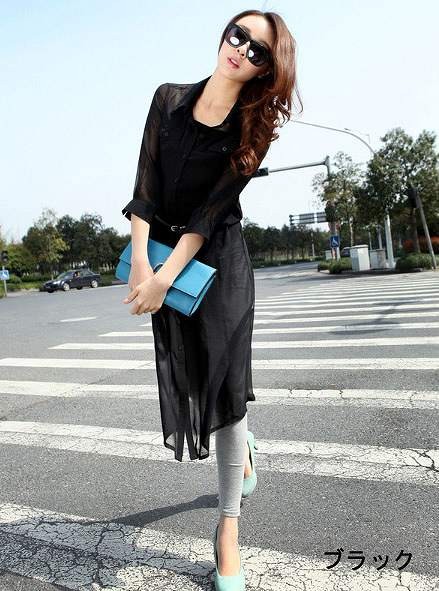 レディース トップス　シャツ　羽織　ロング　トレンド　大人カジュアル　シンプル　七分丈　ワンピース風　ホワイト　ブラック　パープル　ブルー　送料無料