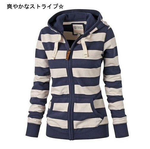 レディース　トップス　長袖　かわいい　ロング　ボーダー　春　秋　爽やか　カットソー　パーカー　外出　オシャレ　重ね着　ジッパー　　ホワイト　ネイビー　送料無料