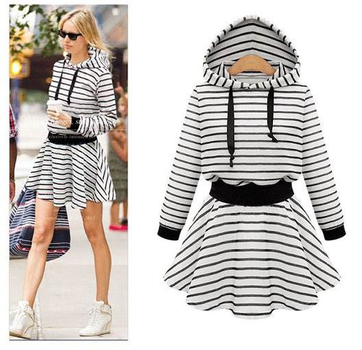 レディース　トップス　ワンピース　ボーダー　フード　かわいい　おしゃれ　ファッション　デート　外出　長袖　スカート　ホワイト　ブラック　ネイビー　送料無料