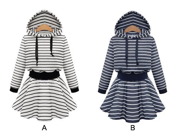 レディース　トップス　ワンピース　ボーダー　フード　かわいい　おしゃれ　ファッション　デート　外出　長袖　スカート　ホワイト　ブラック　ネイビー　送料無料