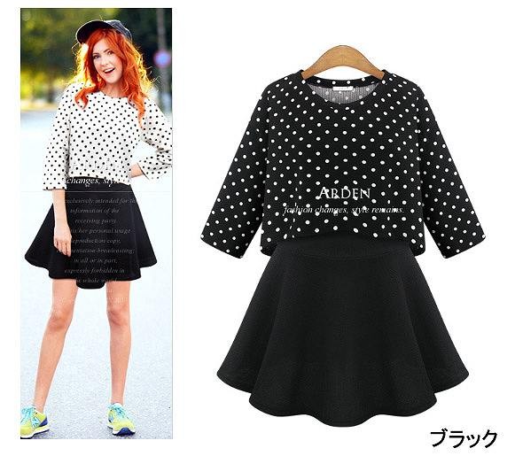 レディース　トップスとキャミワンピースのセット　トップス　キャミワンピース　長袖　ドット柄　長袖　スカート　ラウンドネック　デート　外出　買い物　ブラック　ホワイト　送料無料