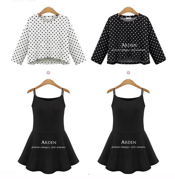 レディース　トップスとキャミワンピースのセット　トップス　キャミワンピース　長袖　ドット柄　長袖　スカート　ラウンドネック　デート　外出　買い物　ブラック　ホワイト　送料無料