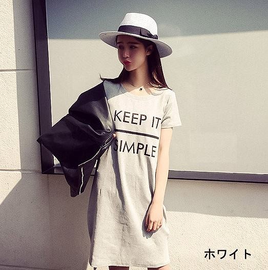 レディース　トップス　シャツ　Tシャツワンピ　ロングTシャツ　ワンピース　ラウンドネック　半袖　ラフ　大人カジュアル　英字　シンプル　夏　外出　グレー　ブラック　送料無料