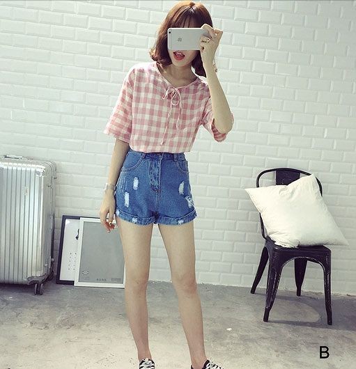 レディース　ファッション　トップス　シャツ　シンプル　夏　ブラウス　チェック　ブロックチェック　かわいい　大人カジュアル　デート　外出　半袖　ブラック　ピンク　送料無料