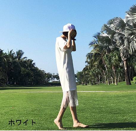 レディース　ファッション　女性　トップス　シャツ　Tシャツワンピース　タッセル　大人カジュアル　ブラック　ホワイト　半袖　ラウンドネック　夏　デート　外出　送料無料