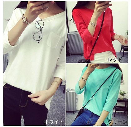 レディース　ファッション　女性　トップス　シャツ　ロングスリーブ　ラウンドネック　シンプル　単色　長袖　ラフ　春　外出　大人カジュアル　ホワイト　レッド　グリーン　送料無料