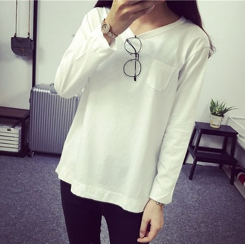 レディース　ファッション　女性　トップス　シャツ　ロングスリーブ　ラウンドネック　シンプル　単色　長袖　ラフ　春　外出　大人カジュアル　ホワイト　レッド　グリーン　送料無料