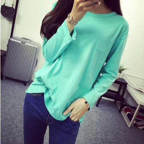レディース　ファッション　女性　トップス　シャツ　ロングスリーブ　ラウンドネック　シンプル　単色　長袖　ラフ　春　外出　大人カジュアル　ホワイト　レッド　グリーン　送料無料