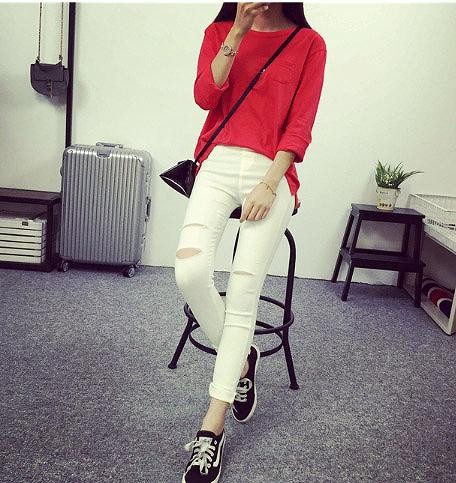 レディース　ファッション　女性　トップス　シャツ　ロングスリーブ　ラウンドネック　シンプル　単色　長袖　ラフ　春　外出　大人カジュアル　ホワイト　レッド　グリーン　送料無料