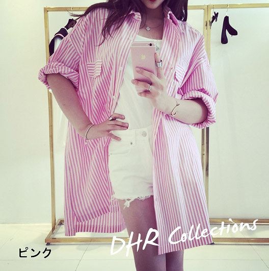 レディース　ファッション　女性　かわいい　おしゃれ　大人カジュアル　シャツ　トップス　オーバーシャツ　ボーダー　ストライプ　重ね着　デート　ラフ　買い物　ピンク　ブルー　送料無料
