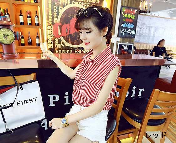 レディース　ファッション　女性　かわいい　おしゃれ　大人カジュアル　シャツ　トップス　ノースリーブ　ボーダー　ストライプ　ブラック　レッド　デート　外出　レジャー　送料無料