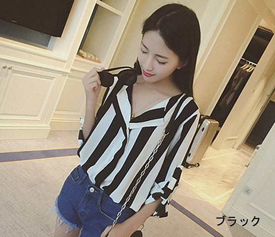 レディース　ファッション　女性　かわいい　おしゃれ　大人カジュアル　トップス　シャツ　ブラウス　カットソー　シフォンシャツ　ストライプ　ブラック　ブルー　ホワイト　送料無料