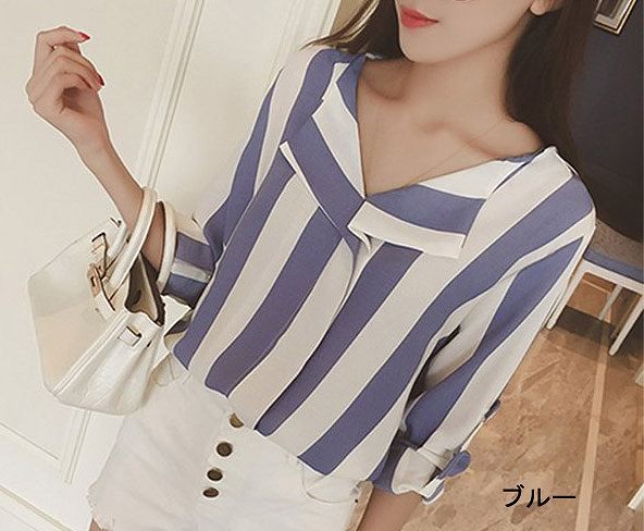 レディース　ファッション　女性　かわいい　おしゃれ　大人カジュアル　トップス　シャツ　ブラウス　カットソー　シフォンシャツ　ストライプ　ブラック　ブルー　ホワイト　送料無料