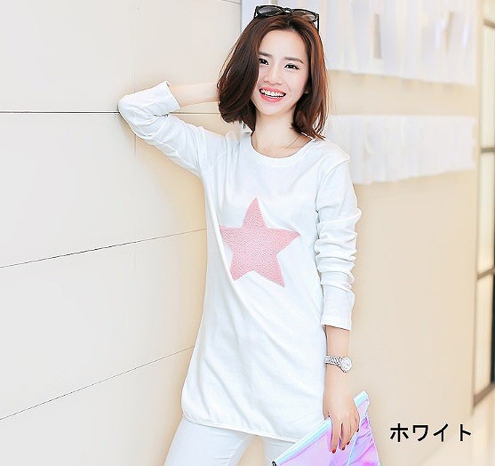 レディース　ファッション　女性　かわいい　おしゃれ　大人カジュアル　トップス　Tシャツ　ロングTシャツ　星　スター　ワンポイント　シンプル　ラウンドネック　ホワイト　グレー　送料無料