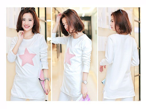 レディース　ファッション　女性　かわいい　おしゃれ　大人カジュアル　トップス　Tシャツ　ロングTシャツ　星　スター　ワンポイント　シンプル　ラウンドネック　ホワイト　グレー　送料無料