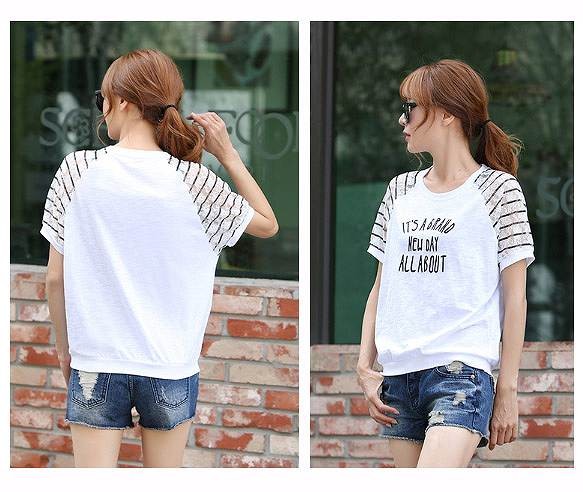 半袖　プリント　Ｔシャツ　レディース　カットソー　春夏　ロゴ　クルーネック　カジュアル　シンプル　夏　丸首　ゆったり　ストライプ　アルファベット　レース　メッシュ　レディース　普段着　外出　デート　ホワイト　送料無料