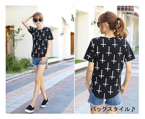レディース　トップス　Ｔシャツ　カットソー　春夏　カジュアル　ゆったり　ラウンドネック　半袖　Tシャツ　プリント　半袖Tシャツ　普段着　外出　デート　ブラック　送料無料