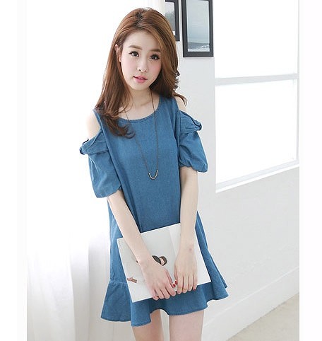 カジュアル　レディース　ワンピース　ミニドレス　春夏　半袖　ワンピ　ゆったり　ストラップレス　デニムドレス　リラックス　デニムワンピース　大人かわいい　普段着　外出　デート　ブルー　送料無料