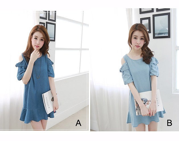 カジュアル　レディース　ワンピース　ミニドレス　春夏　半袖　ワンピ　ゆったり　ストラップレス　デニムドレス　リラックス　デニムワンピース　大人かわいい　普段着　外出　デート　ブルー　送料無料