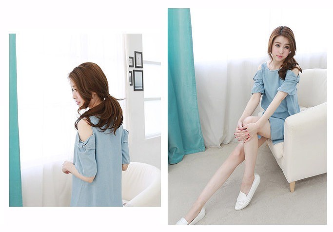 カジュアル　レディース　ワンピース　ミニドレス　春夏　半袖　ワンピ　ゆったり　ストラップレス　デニムドレス　リラックス　デニムワンピース　大人かわいい　普段着　外出　デート　ブルー　送料無料