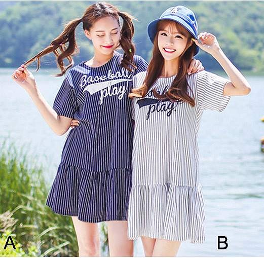 カジュアル　レディース　ワンピース　春夏　スカート　ドレス　ゆったり　普段着　外出　デート　ナチュラル　フェミニン　トレンド　甘め　ストライプ　ブルー　グレー　送料無料
