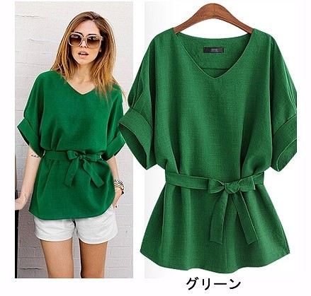 大きいサイズ　ゆったり　ウエストリボン　半袖カットソー　シャツ　レース　Vネック　カジュアル　コットン　レディース　普段着　外出　デート　グリーン　ネイビー　ブラウン　ベージュ　3XL　4XL　5XL　送料無料