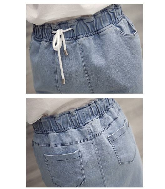 セットアップ　トップス＆デニムスカート　レディース　上下セット　春夏　半袖　Ｔシャツ　カットソー　スリム　ラウンドカラー　サマードレス　ウエスト紐　ポケット　膝丈　カジュアル　ステッチ　清楚　爽やか　普段着　外出　デート　ホワイト　ブルー　送料無料