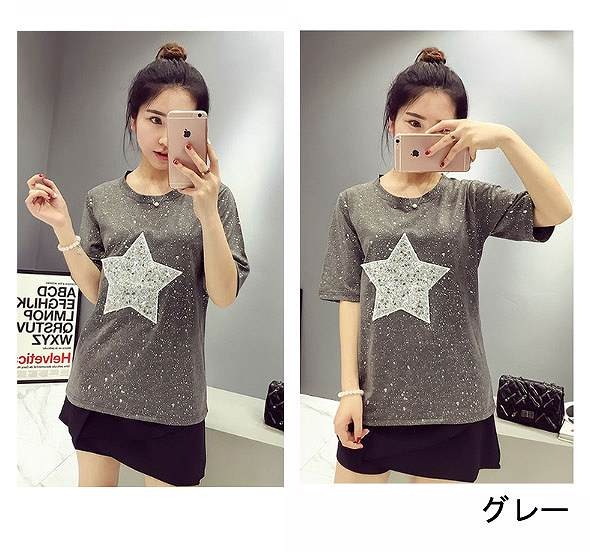 レディース　ファッション　女性　かわいい　Ｔシャツ　半袖　星柄　ラメ　大人カジュアル　夏　外出　アウトドア　レジャー　外出　ブラック　グレー　送料無料