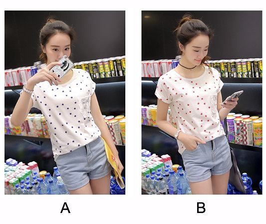 レディース　ファッション　女性　かわいい　Ｔシャツ　半袖　スタープリント　ドット柄　大人カジュアル　夏　外出　アウトドア　レジャー　外出　ネイビー　ピンク　送料無料