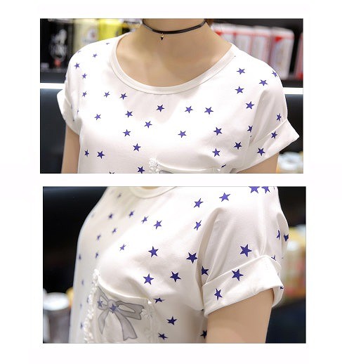 レディース　ファッション　女性　かわいい　Ｔシャツ　半袖　スタープリント　ドット柄　大人カジュアル　夏　外出　アウトドア　レジャー　外出　ネイビー　ピンク　送料無料