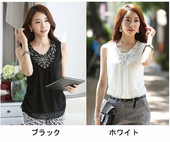 レディース　ファッション　女性　かわいい　シフォンブラウス　シャツ　ノースリーブ　大人カジュアル　夏　外出　アウトドア　レジャー　外出　ブラック　ホワイト　送料無料