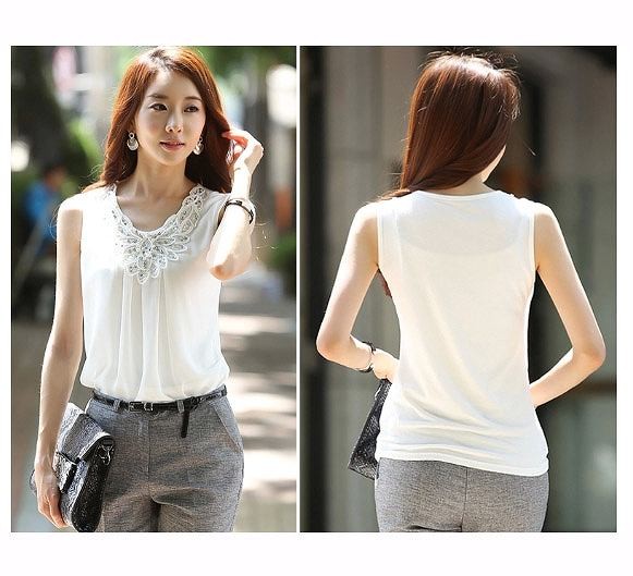 レディース　ファッション　女性　かわいい　シフォンブラウス　シャツ　ノースリーブ　大人カジュアル　夏　外出　アウトドア　レジャー　外出　ブラック　ホワイト　送料無料