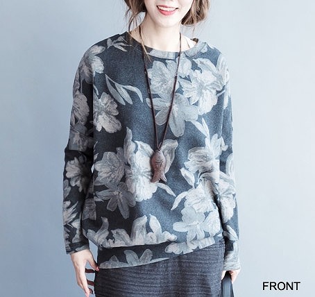 レディース　トップス　ドルマン　カットソー　Tシャツ　ラウンドネック　長袖　花柄　フラワー　シンプル　エレガント　上品　フリーサイズ　フェミニン　オフィス　デート　お出かけ　デイリー　ネイビー　送料無料