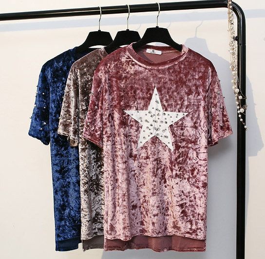 レディース　ベロア　スタッズ　星柄　Tシャツ　半袖　ショートスリーブ　人気　春　夏物　女性　大人　カジュアル　キュート　可愛い　フェミニン　上品　おしゃれ　ファッション　オリーブ　フリーサイズ　ワンサイズ　送料無料